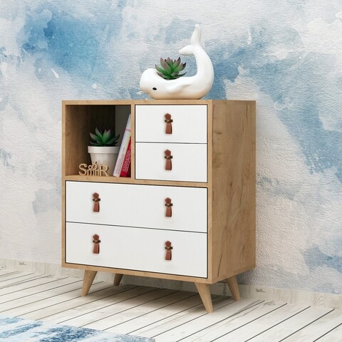 Comoda, mod design, fallow, 70 x 88.6 x 40 cm, pal melaminat, alb/stejar