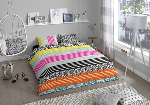 Lenjerie de pat pentru doua persoane, good morning merkis, 100% bumbac, 3 piese, multicolora