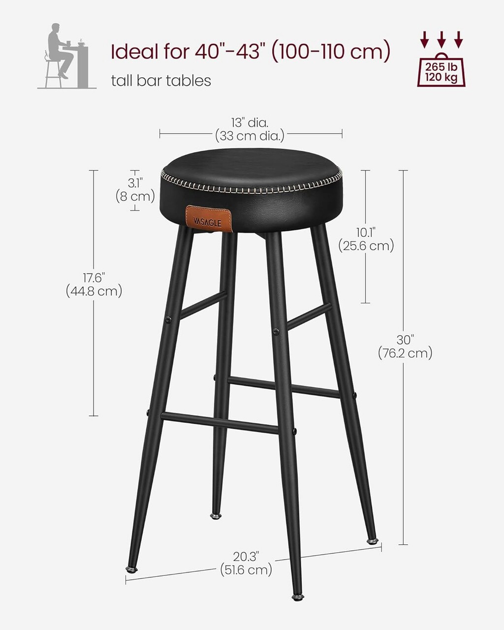 Set 2 scaune de bar Ekho, Vasagle, 51.6 x 51.6 x 75 cm, otel/piele ecologica, negru