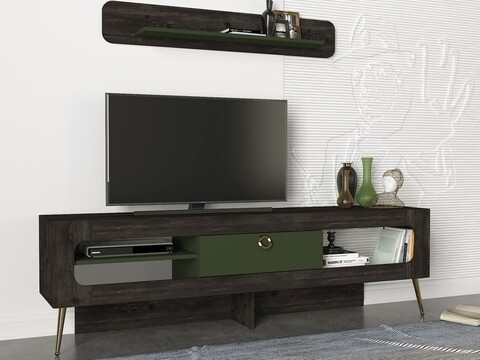 Comoda TV cu raft de perete Milandra, Talon, 180 x 55 cm/120 x 19.5 cm, negru/verde 180