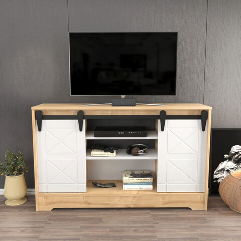 Comoda TV, Retricy, Nisay, 140x35x85 cm, PAL, Safir / Alb mezoni.ro
