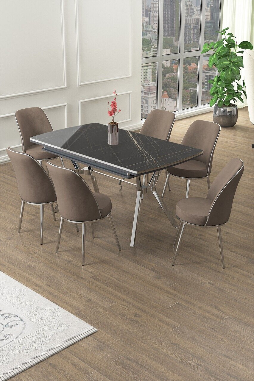 Set masa extensibila si scaune (7 piese), Hanah Home, Poy, Sonata / Crom / Cappuccino
