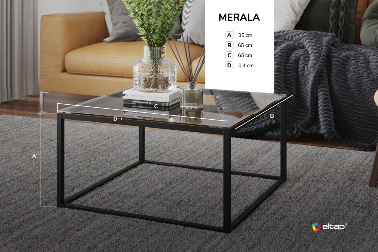 Masuta de cafea ELTAP, Stolik Merala, 65x65x35 cm, metal/sticla, negru/transparent