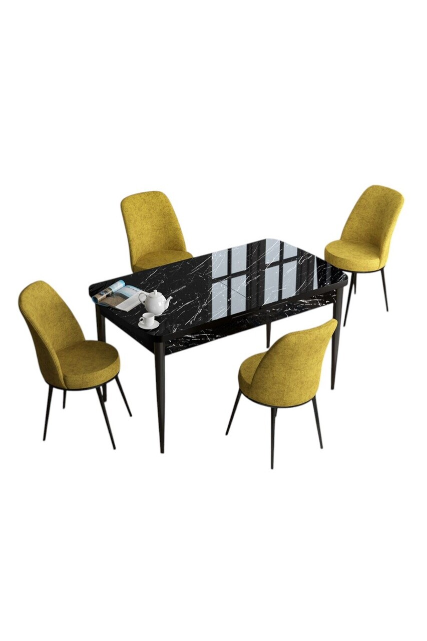 Set masa extensibila si scaune (5 piese), Hanah Home, Han, Model de marmură neagră / Muștar — imaginea 2