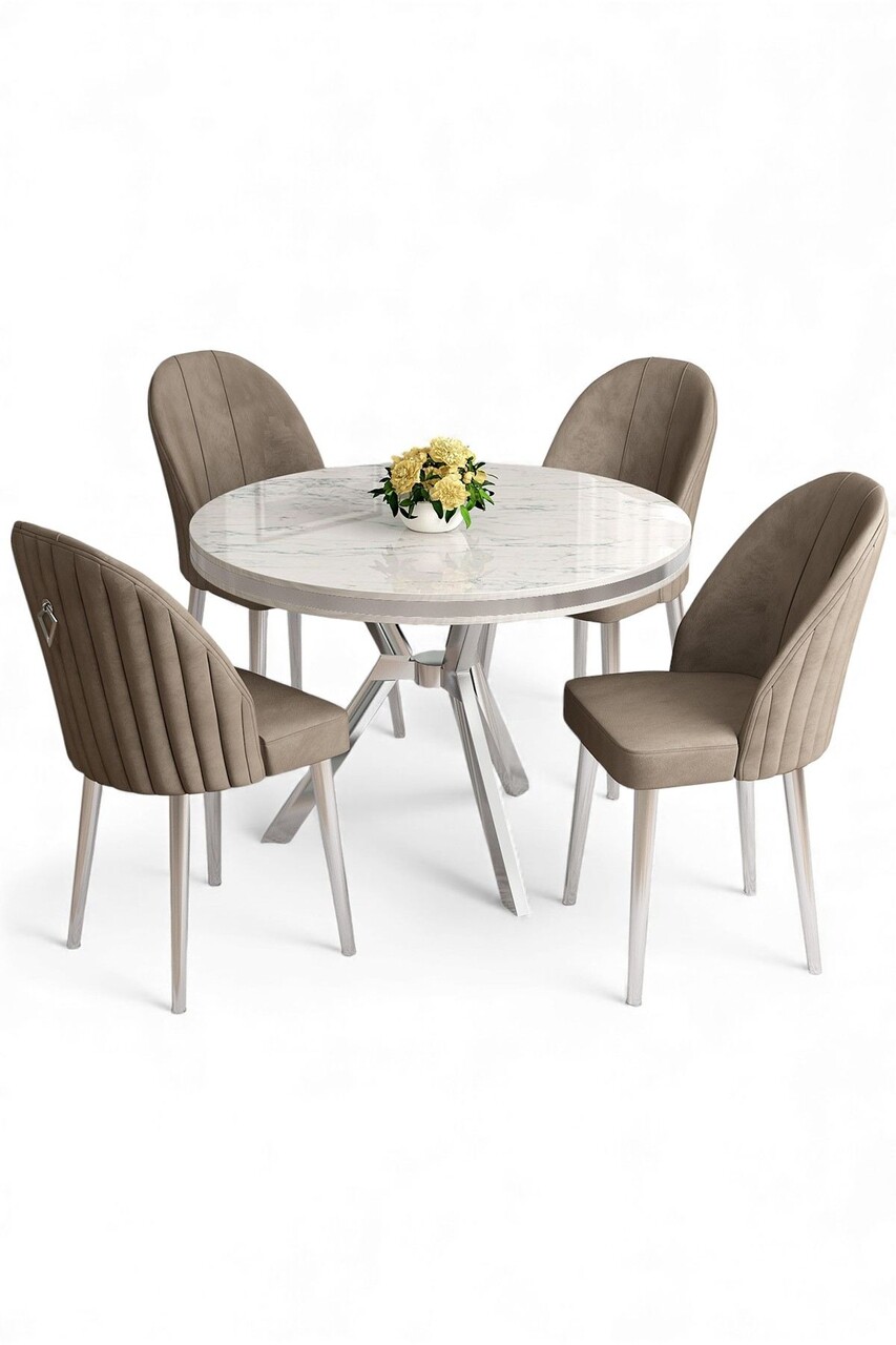 Set masă și scaune (5 bucăți), Hanah Home, Mos, Marmură albă / Crom / Cappuccino - view 2