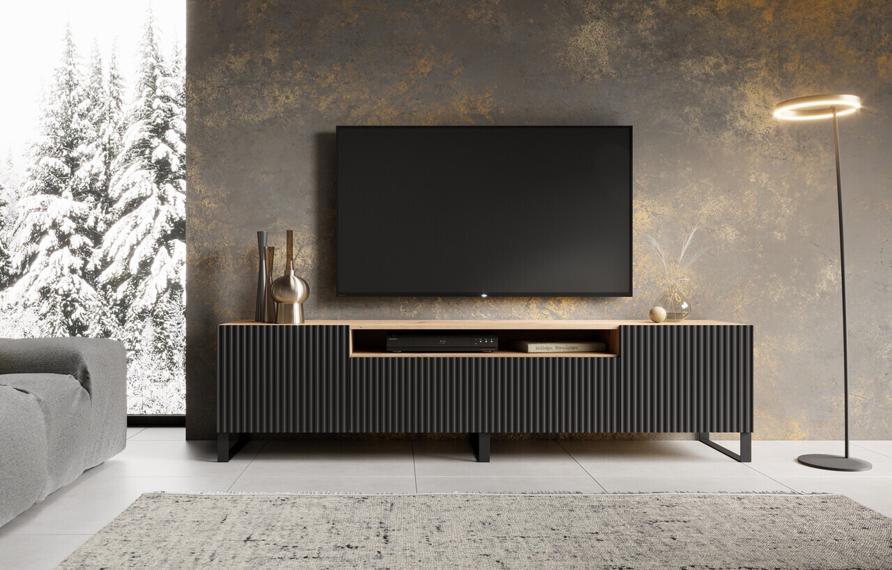Comoda TV ADRK, Noemi, 200x41x53 cm, PAL melaminat/MDF, negru/artisan
