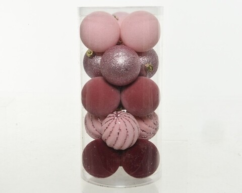 Cutie cu 15 globuri asortate Bauble flock-glit, Decoris, plastic, roz