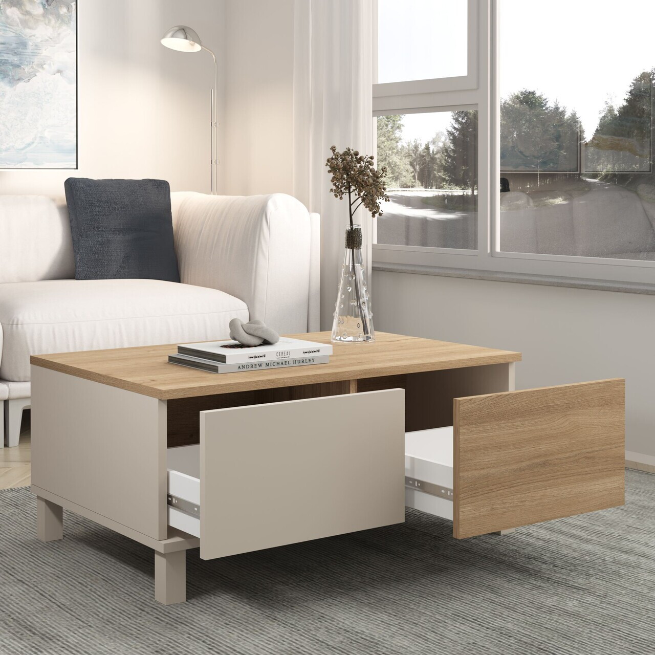 Masuta de cafea, Hanah Home, Mood, 90x40x60 cm, PAL, Nisip / Stejar — imaginea 3