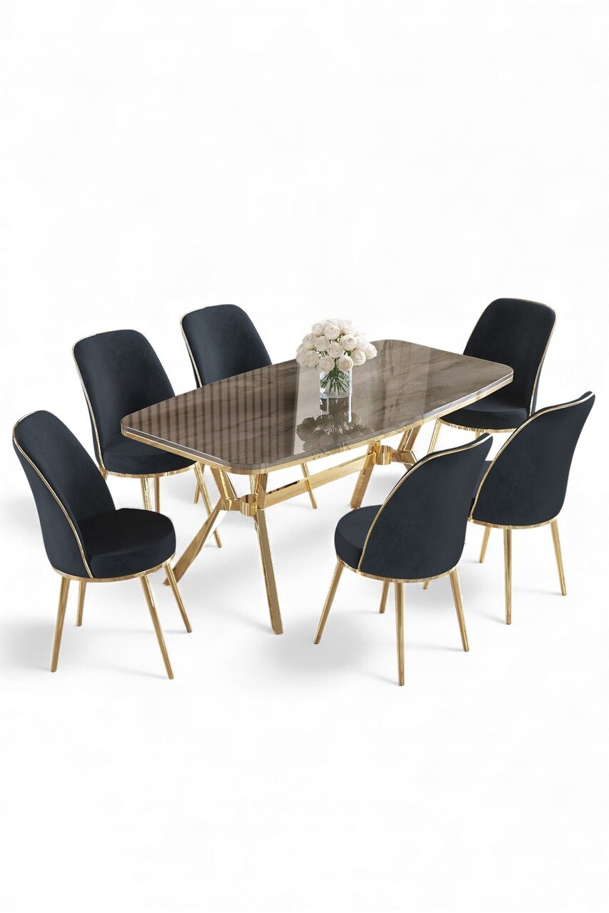 Set masă și scaune (7 piese), Hanah Home, Lena, Antracit / Aur - view 2