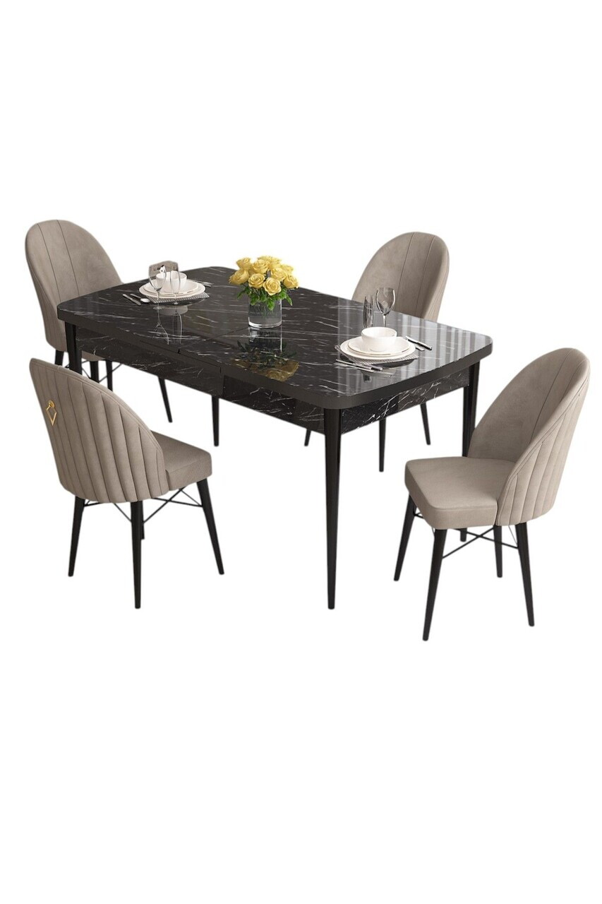 Set masa extensibila si scaune (5 piese), Hanah Home, Roz, Model de marmură neagră / Cappuccino — imaginea 2