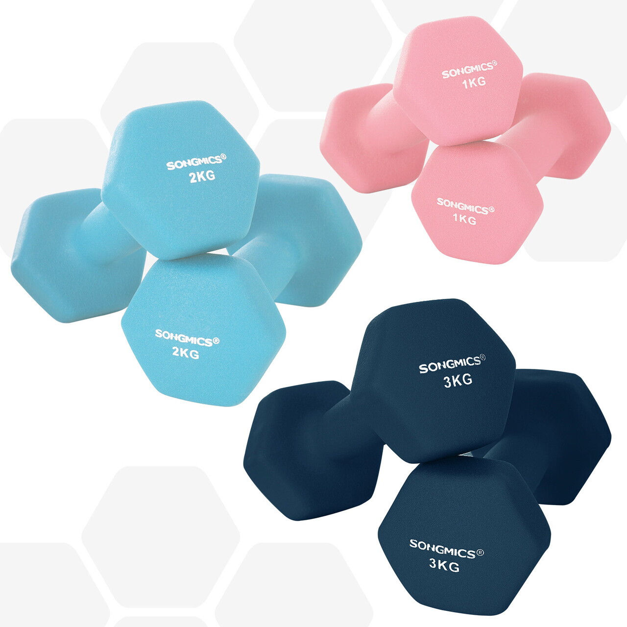 Set gantere fitness 6 piese cu suport, 2 x 1 kg + 2 x 2 kg + 2 x 3 kg, Songmics, neopren, roz/aqua/albastru - imagine 4