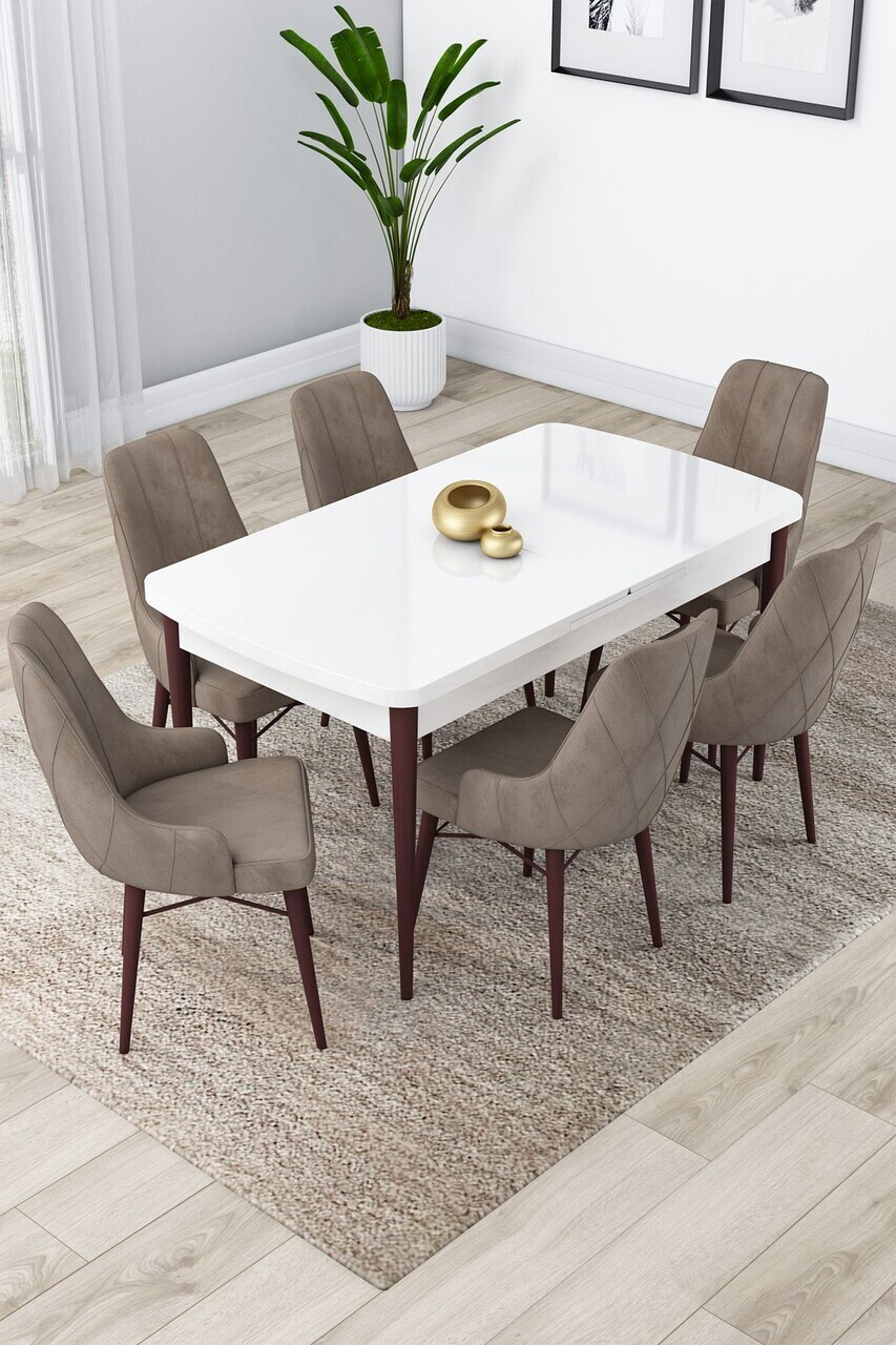 Set masa extensibila si scaune (7 piese), Hanah Home, Lia, Alb / Nuc / Cappuccino