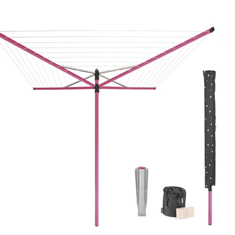 Uscator de rufe rotativ cu 4 brate + cu suport fixare pamant + husa + set carlige rufe, Brabantia, Lift-O-Matic, 50 m capacitate de uscare, otel, roz