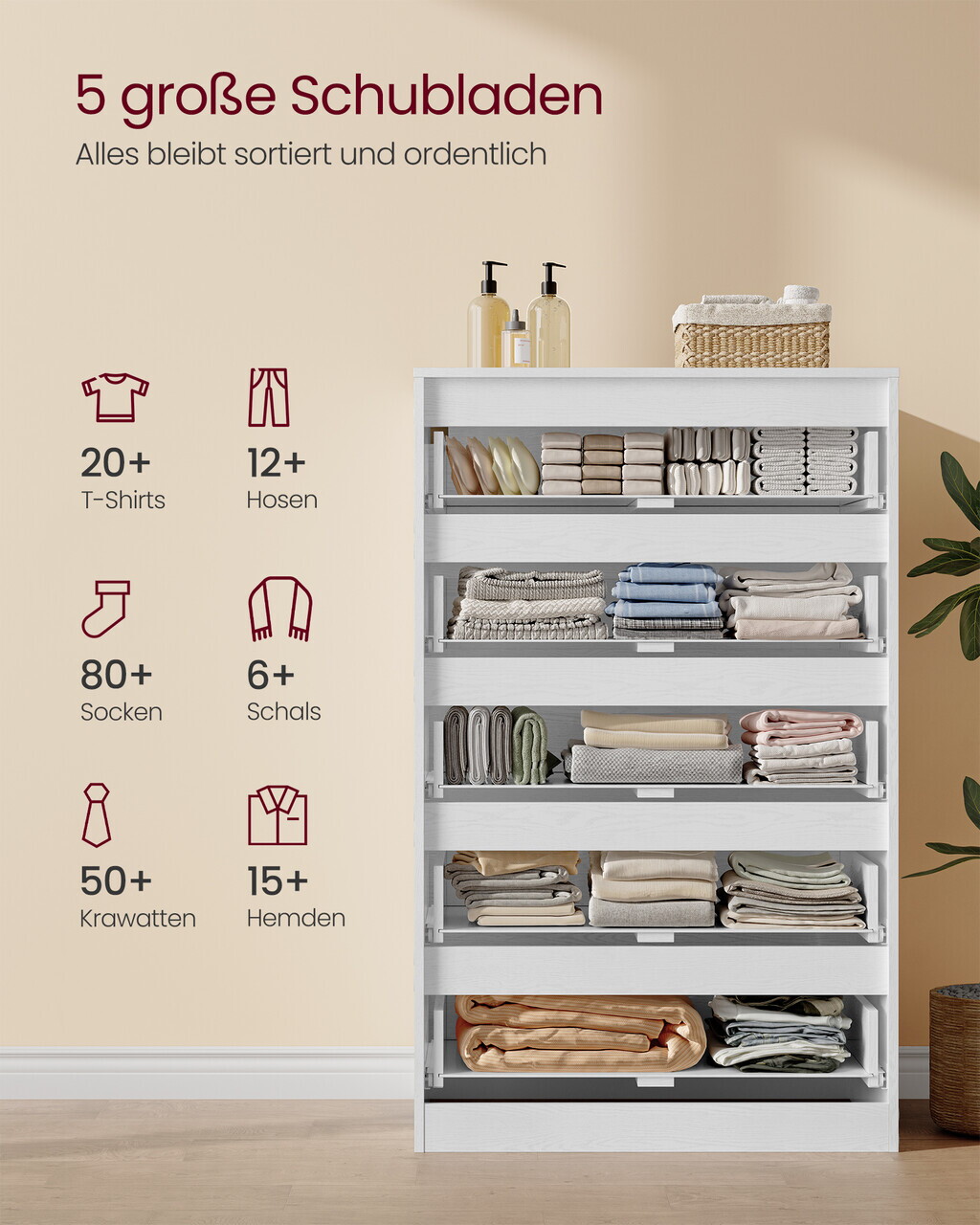 Comoda cu 5 sertare Kailyn, Songmics, 60x40x97.4 cm, PAL/MDF, alb - imagine 5