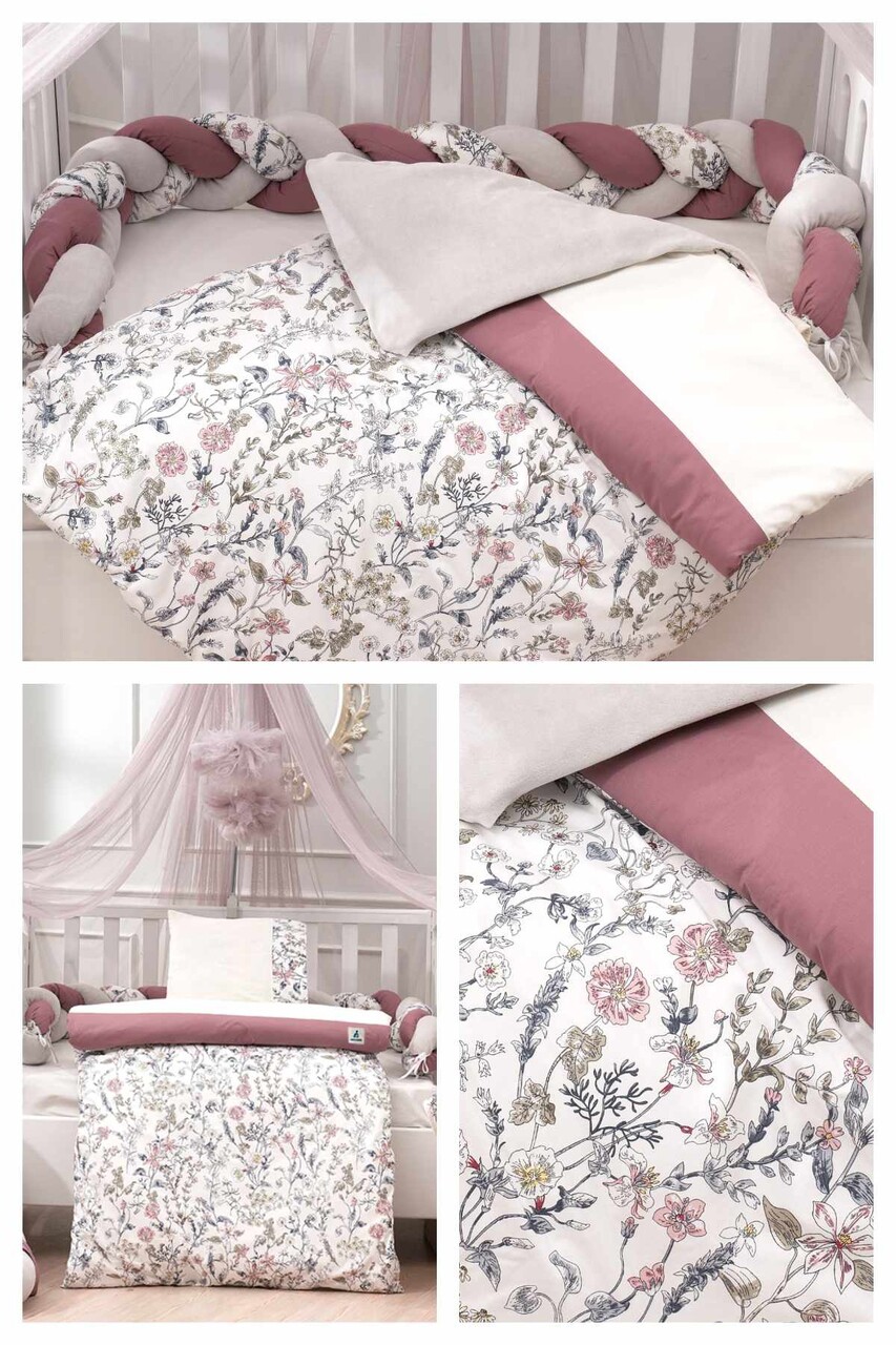 Set de dormit pentru bebelusi cu protectie laterala, Wallxpert, Flower, Roz / Alb / Gri - imagine 2