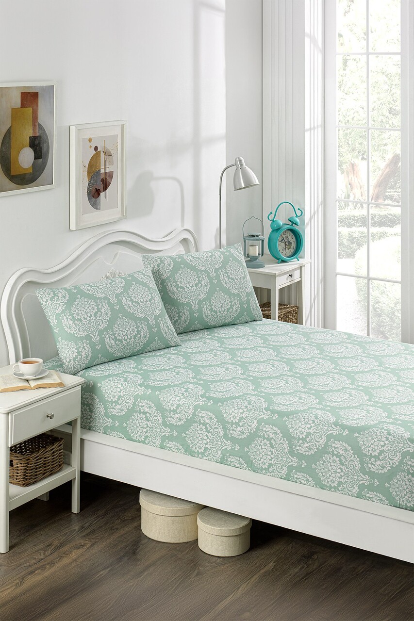 Set de pat dublu (cearceaf cu elastic si perne) 3 piese, Post - Water Green, Eponj Home, 65% bumbac/35% poliester