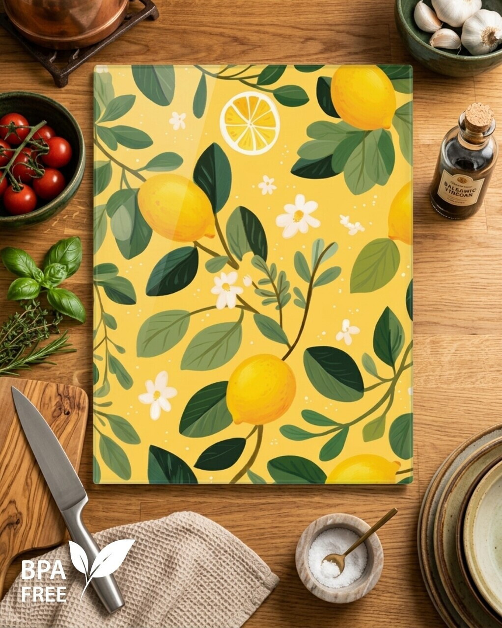 Tocător de sticlă, Hermia, 639OKK1212, Easy-Clean, Yellow / Green / White