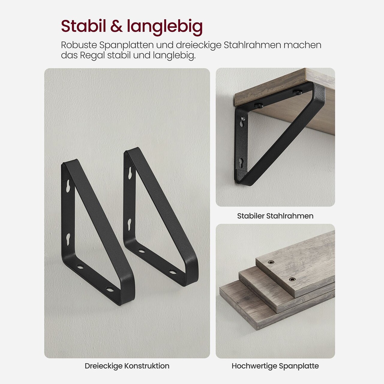 Set 3 rafturi de perete, Vasagle, Industrial Design, 40 cm/35 cm/30 cm, PAL/otel, gri - 2 | YEO