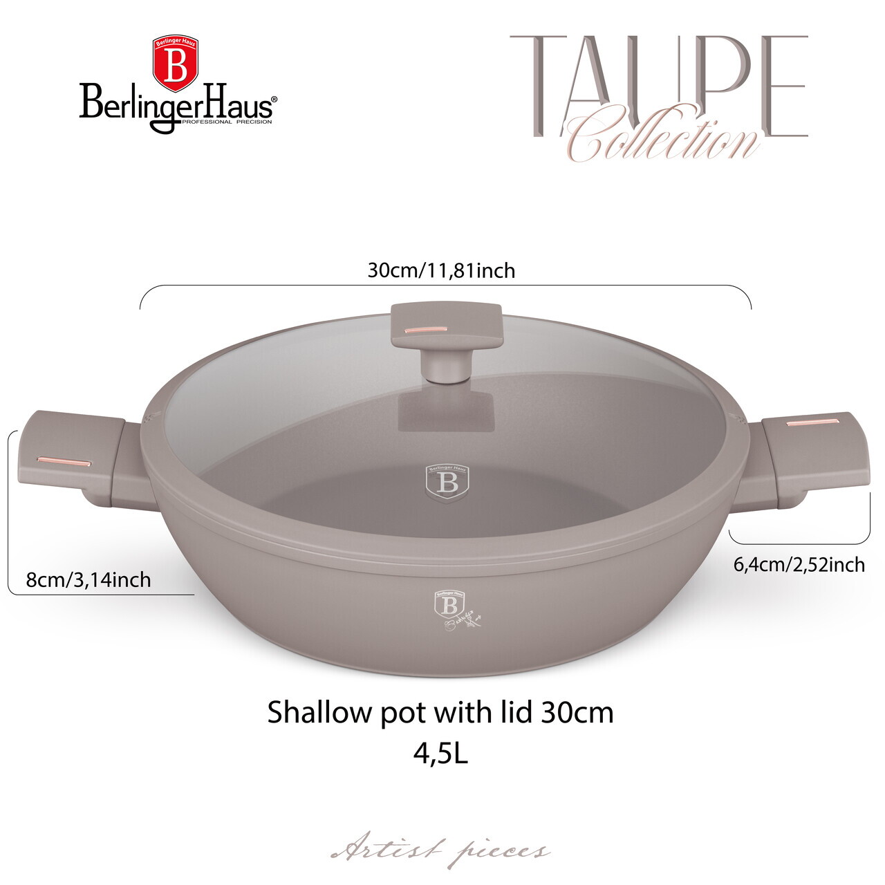 Oala cu capac Berlinger Haus, Taupe, 30 cm, 4.5 L, aluminiu forjat, taupe mat - imagine 9