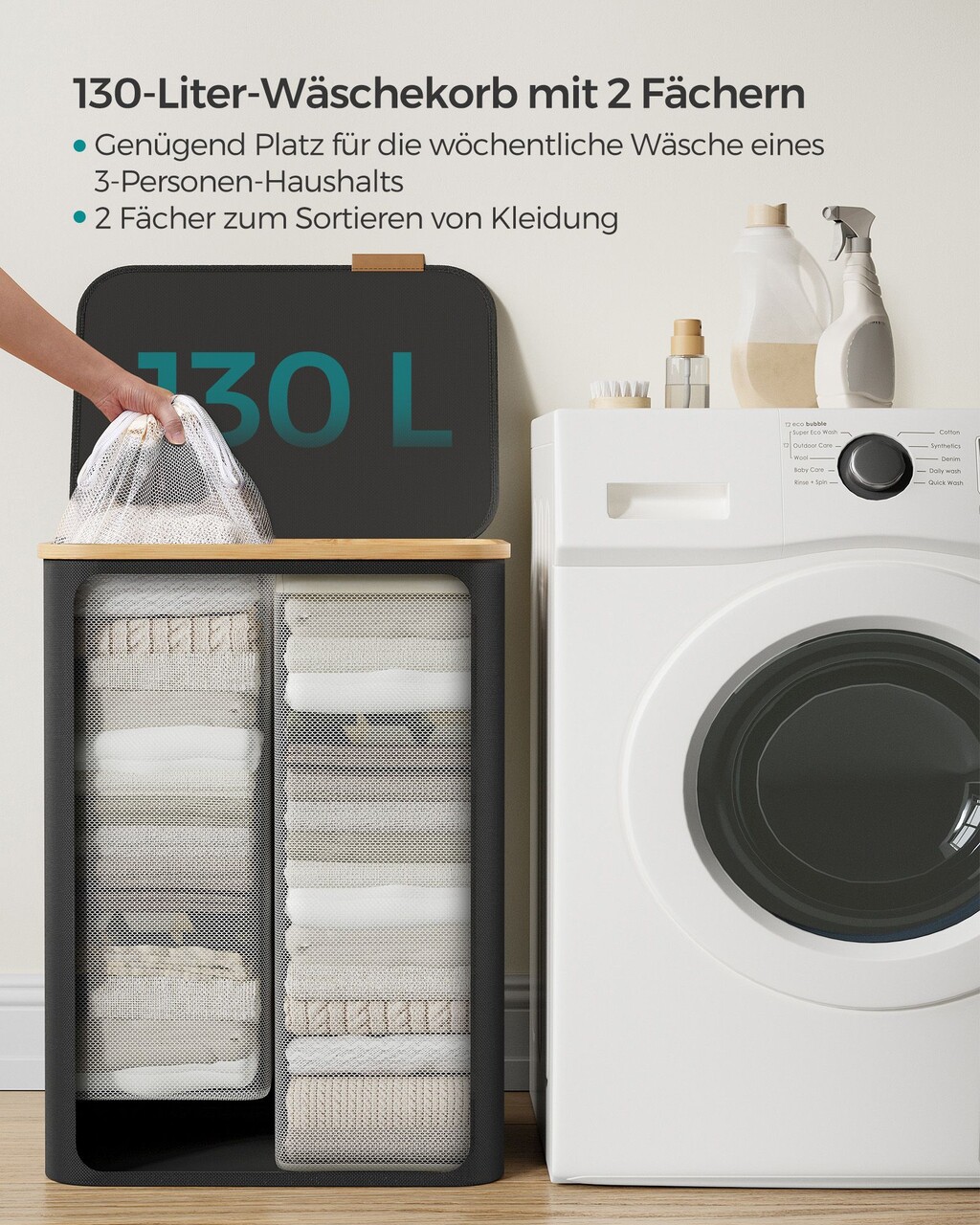 Cos de rufe textil cu 2 compartimente, Songmics, 52x38.5x70.5 cm, 130 L, bambus/tesatura Oxford, negru