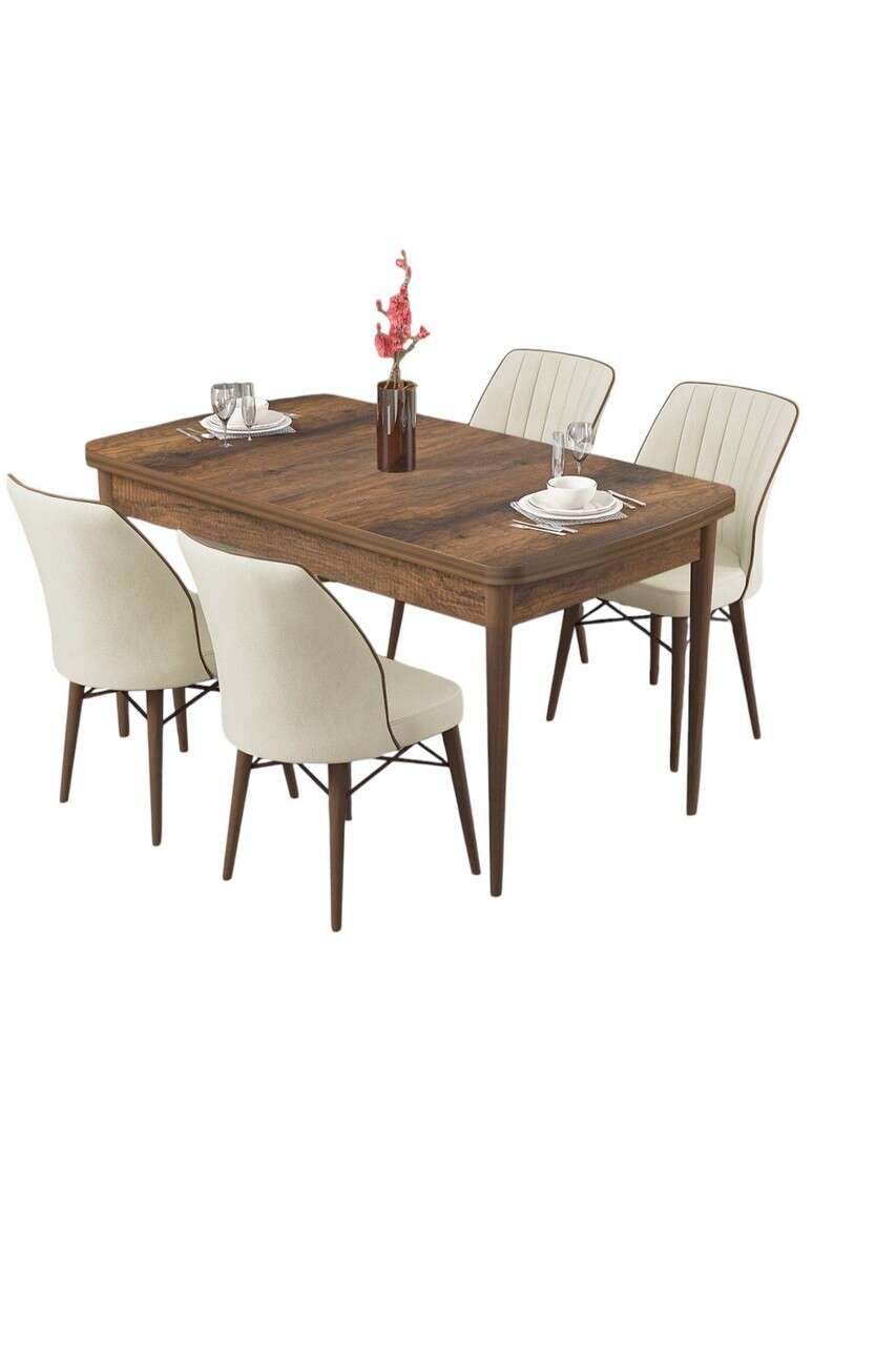 Set masa si scaune (5 piese), Hanah Home, Radde, Model baroc din lemn / Crem — imaginea 2