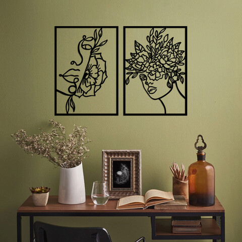 Decoratiune de perete, flower woman, metal, 50 x 70 cm, 2 piese, negru