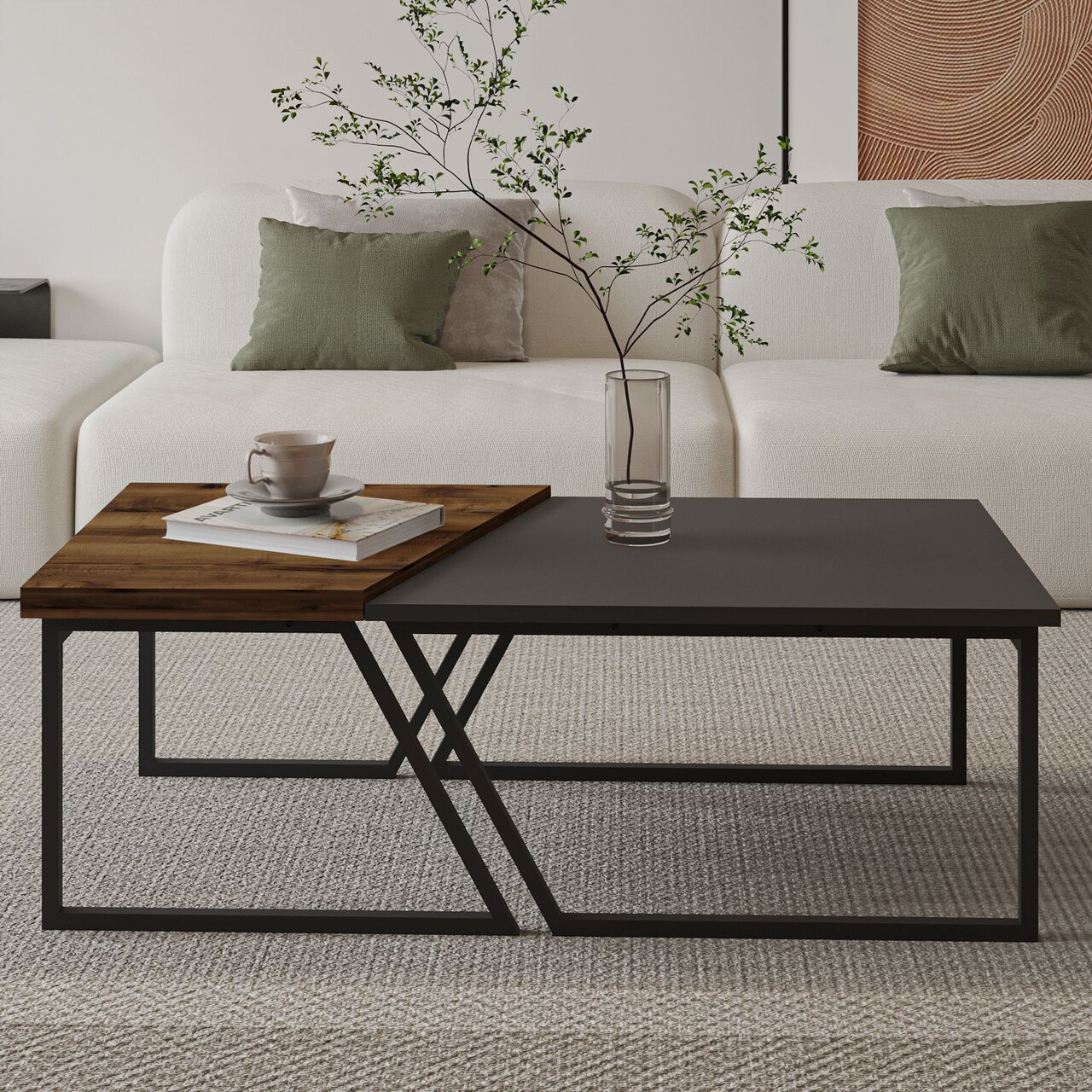Set masute de cafea, Hanah Home, Verona P0024623, PAL, Antracit / Nuc rustic - imagine 2