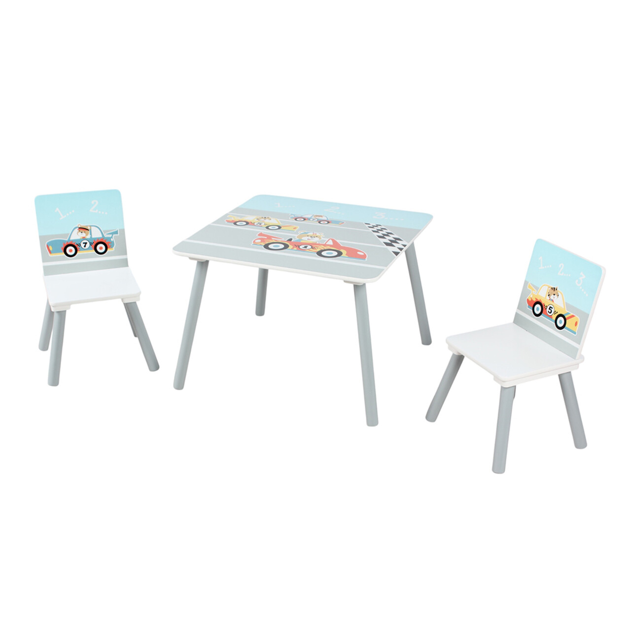 Set birou cu 2 scaune Cars, U-Grow, 60x60x44 cm / 26.8x26.8x51 cm, MDF/lemn de pin, alb/albastru