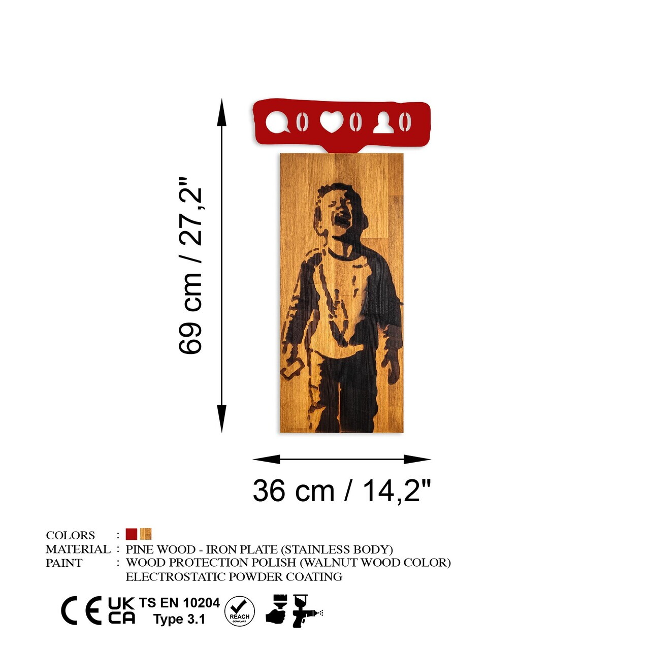 Decoratiune de perete, Banksy, Lățime: 36 cm Înălțime: 69 cm Adâncime: 3 cm, Nuc / Roșu — imaginea 7
