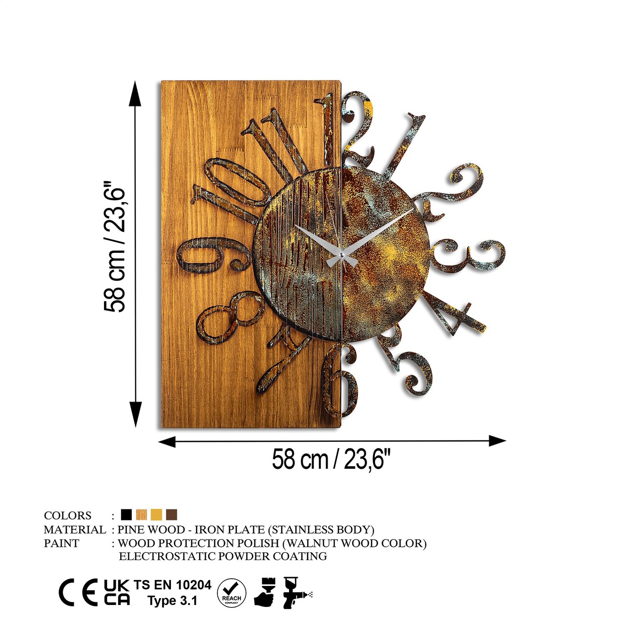 Ceas de perete, Wooden Clock 7-A, Lățime: 58 cm Înălțime: 58 cm Adâncime: 3 cm, Multicolor - view 8