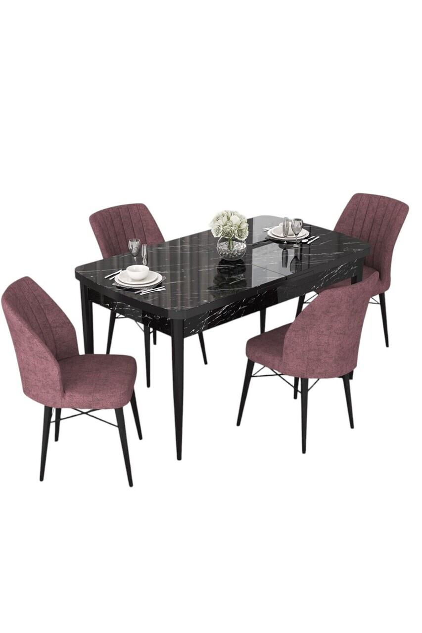 Set masa extensibila si scaune (5 piese), Hanah Home, Nef, Model de marmură neagră / Roz prăfuit — imaginea 2