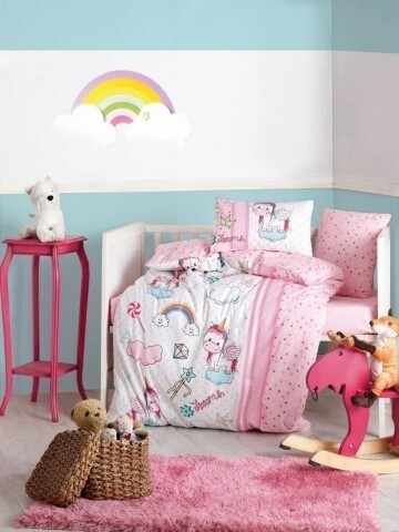 Lenjerie de pat pentru copii, 4 piese, 100% bumbac ranforce, Cotton Box, Unicorni