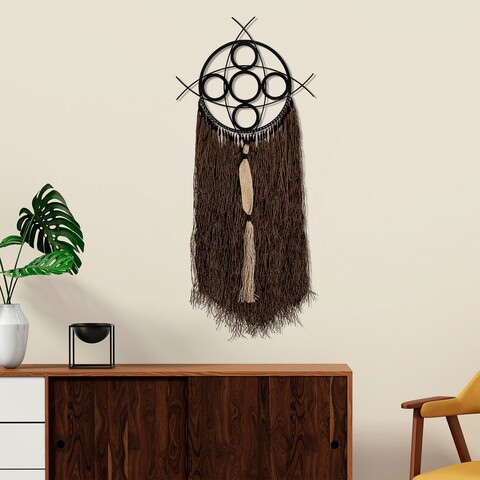 Decoratiune de perete, omac, macrame, metal, maro / negru