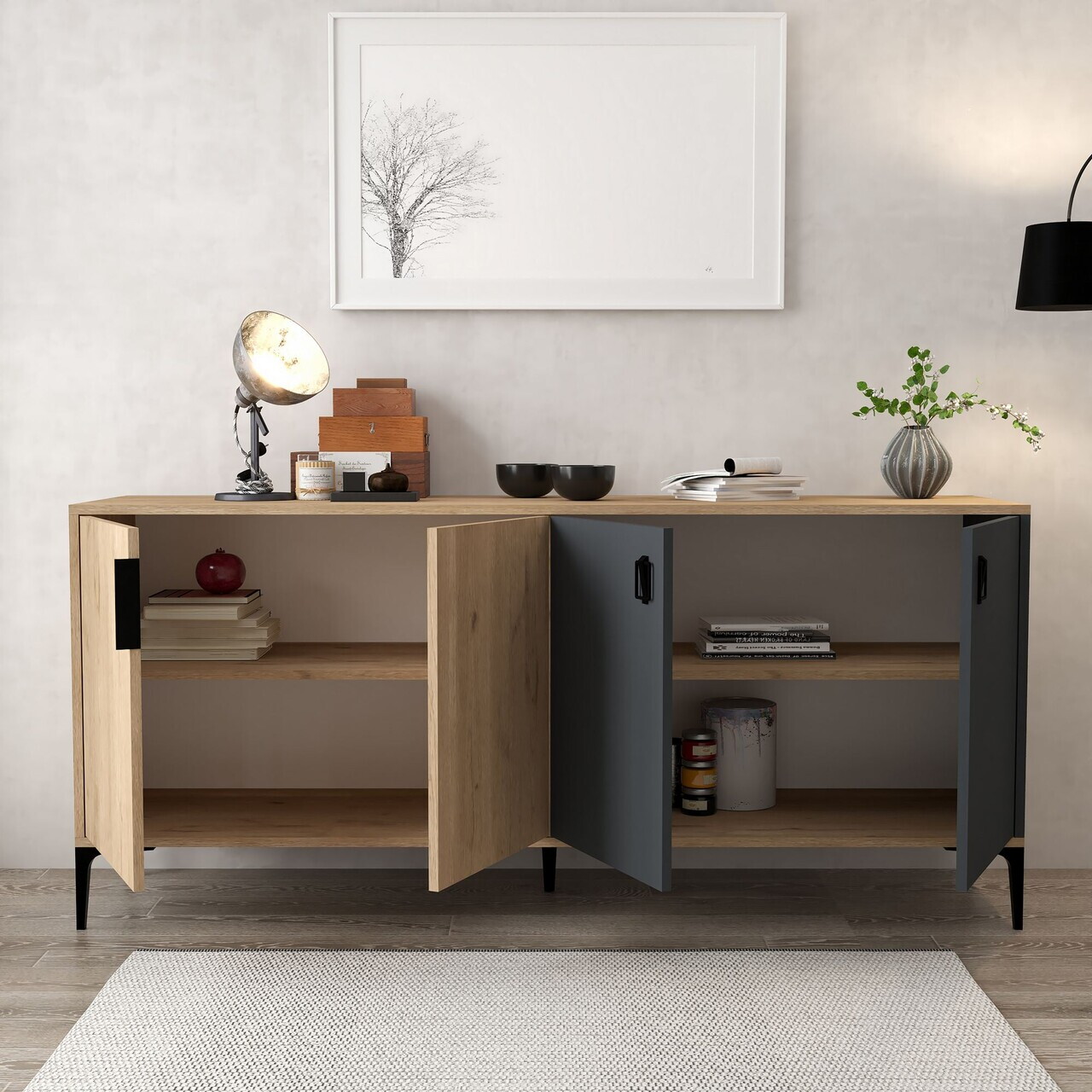 Consola, Hanah Home, Neva 4001, 180x81x44 cm, PAL, Stejar safir / Antracit — imaginea 2