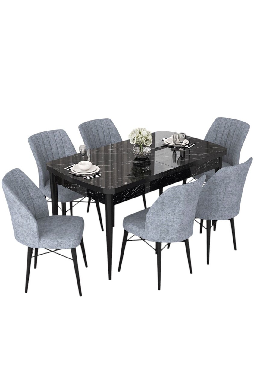 Set masă și scaune extensibile (7 Pieces), Hanah Home, Nef, Marmură neagră / Gri - view 2