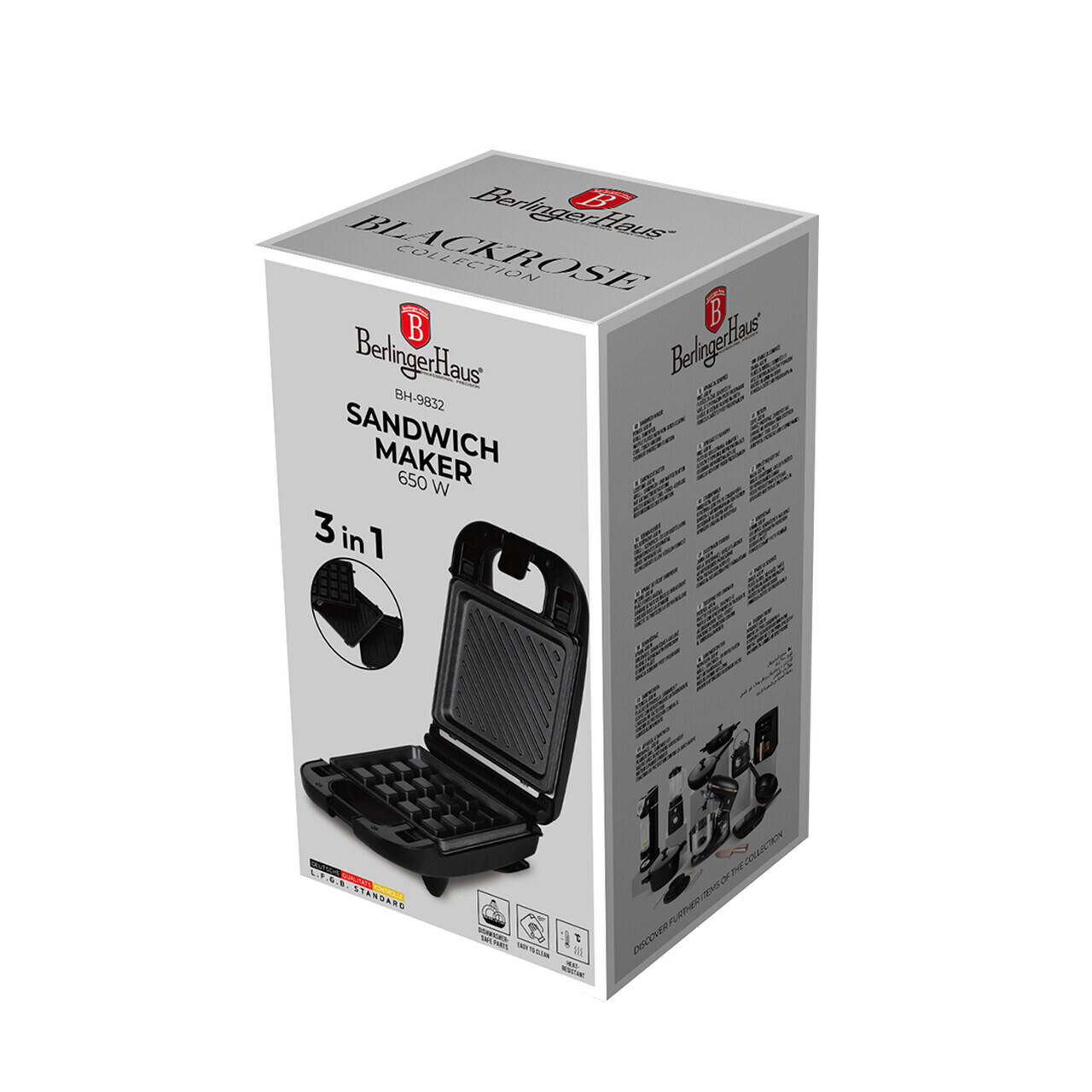 Sandwich maker 3 in 1 Berlinger Haus, Black Rose, 14x14 cm, aluminiu, negru - imagine 8