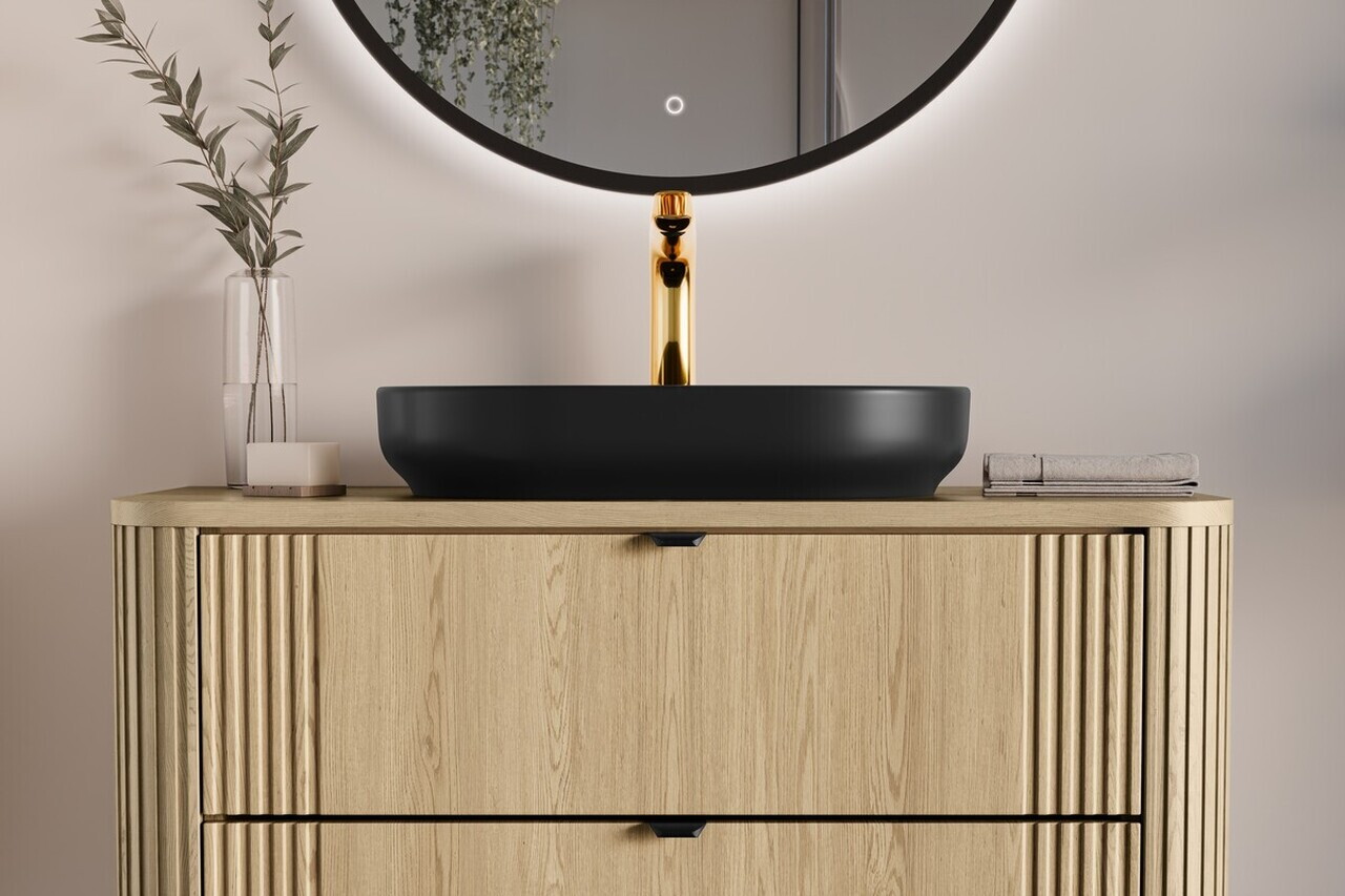 Set mobilier baie, Ovalia Cremona River 100 cm, dulap inalt si masca cu lavoar, Comad, MDF/PAL, stejar - view 4
