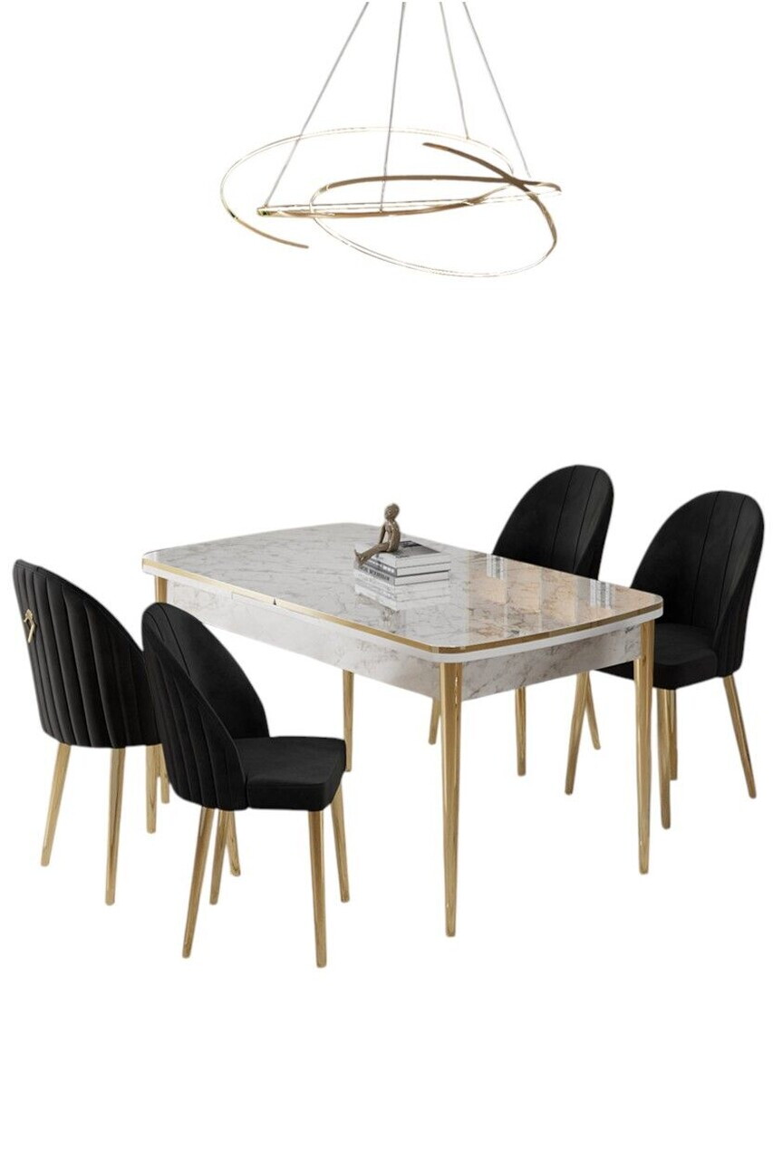 Set masa extensibila si scaune (5 piese), Hanah Home, Rada, Model de marmură albă / Auriu / Negru — imaginea 2