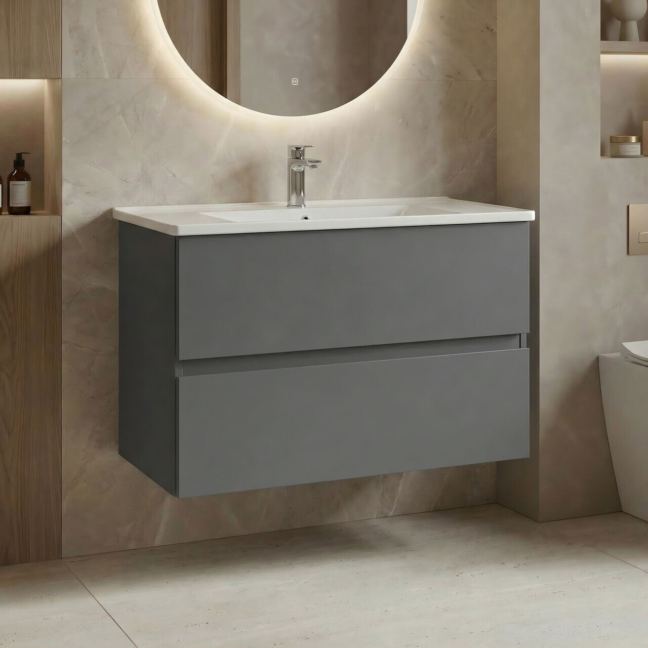 Dulap de baie cu chiuvetă, Hanah Home, Nest 91 v2, Gri Mat