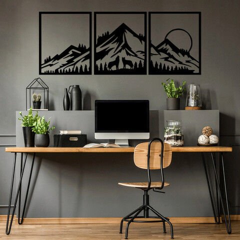 Decoratiune de perete, mountain view, metal, 58 x 70 cm, 3 piese, negru