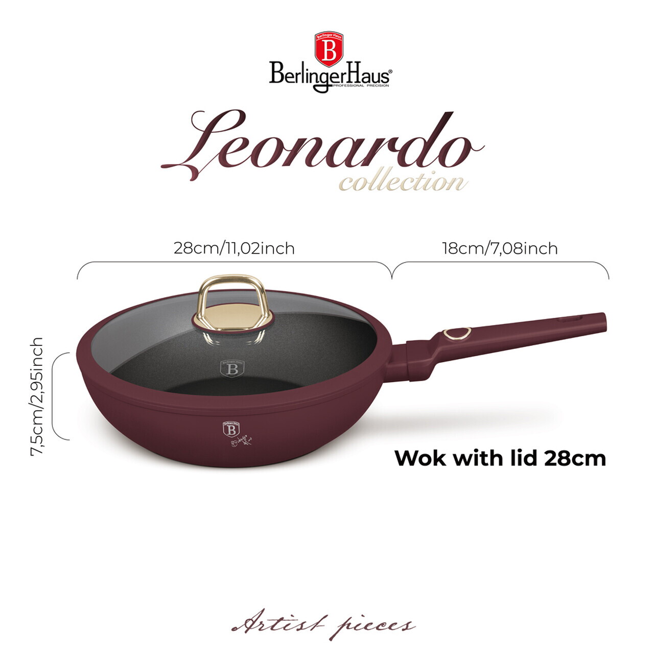Tigaie Wok cu capac Berlinger Haus, Leonardo, 28 cm, 3.2 L, aluminiu forjat, visiniu mat - imagine 6