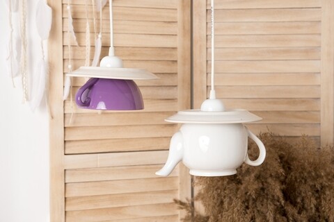 Lustra Tea time, Deco Republic, E27, 1x60W, ceramica, ceainic + ceasca, alb/mov