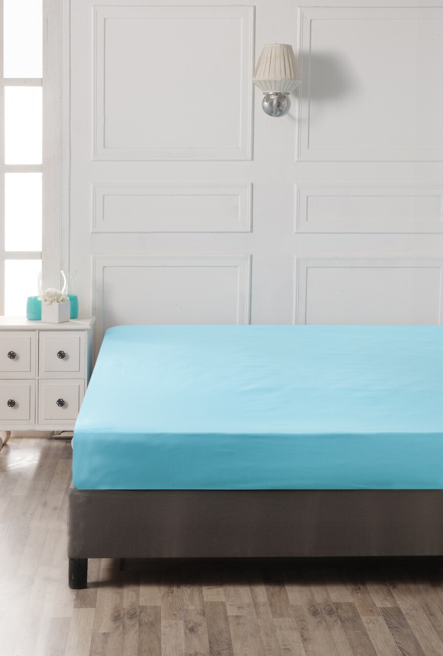 Cearceaf De Pat Cu Elastic, 90x190 Cm, 100% Bumbac Ranforce, Patik, Turquoise, Turcoaz