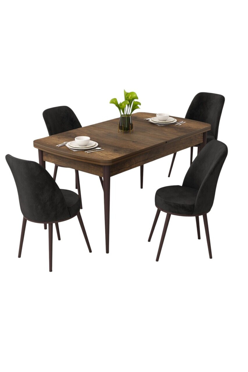 Set masa extensibila si scaune (5 piese), Hanah Home, Rax, Model baroc din lemn / Negru