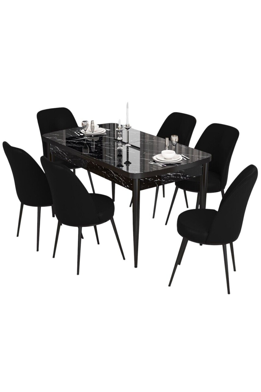 Set masa extensibila si scaune (7 piese), Hanah Home, Via, Model de marmură neagră / Negru — imaginea 2