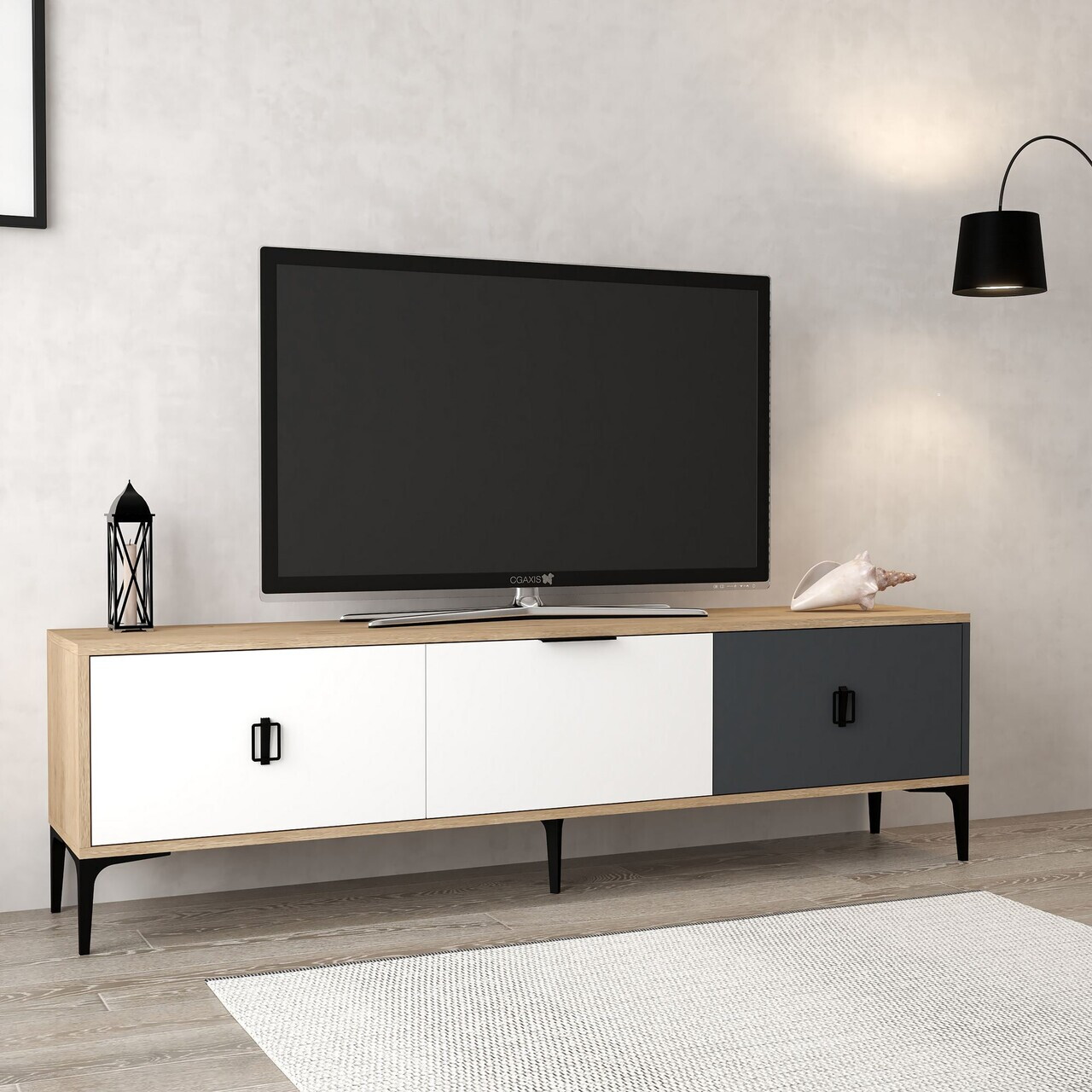 Comoda TV, Hanah Home, Neva 3801, 180x50x35 cm, PAL, Stejar / Alb / Antracit — imaginea 4
