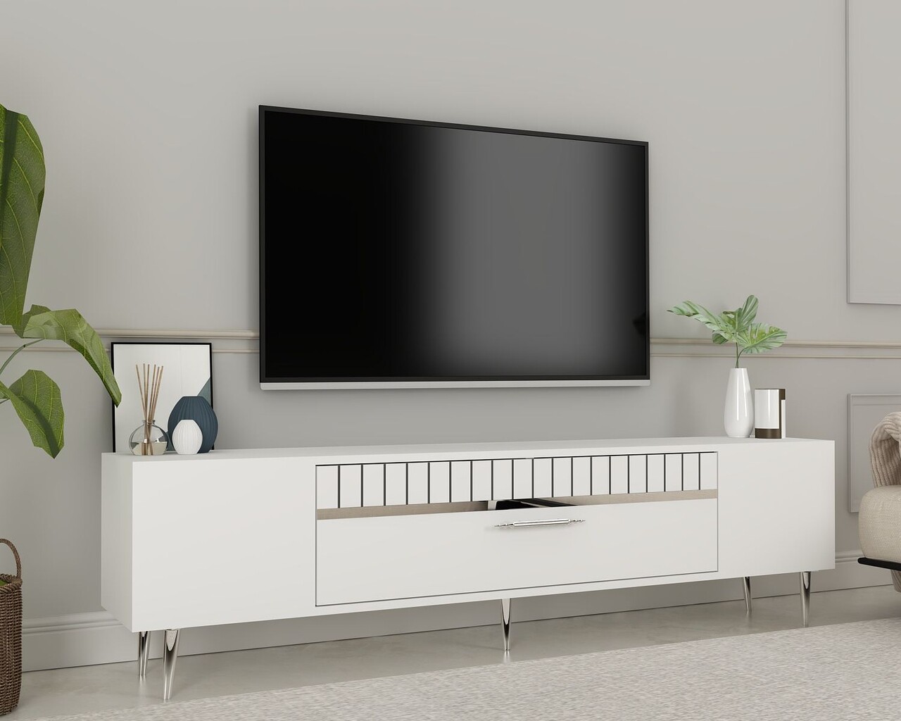 Comoda TV, Olivia, Dekolp1, Alb / Argintiu - 1 | YEO