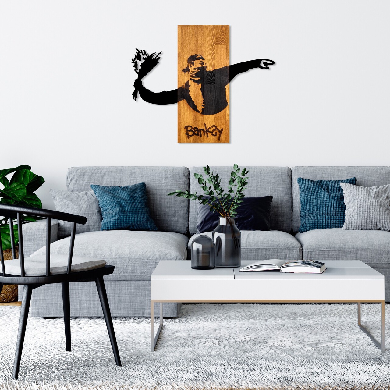 Decoratiune de perete, Banksy, Lățime: 69 cm Înălțime: 58 cm Adâncime: 3 cm, Nuc / Negru - view 4
