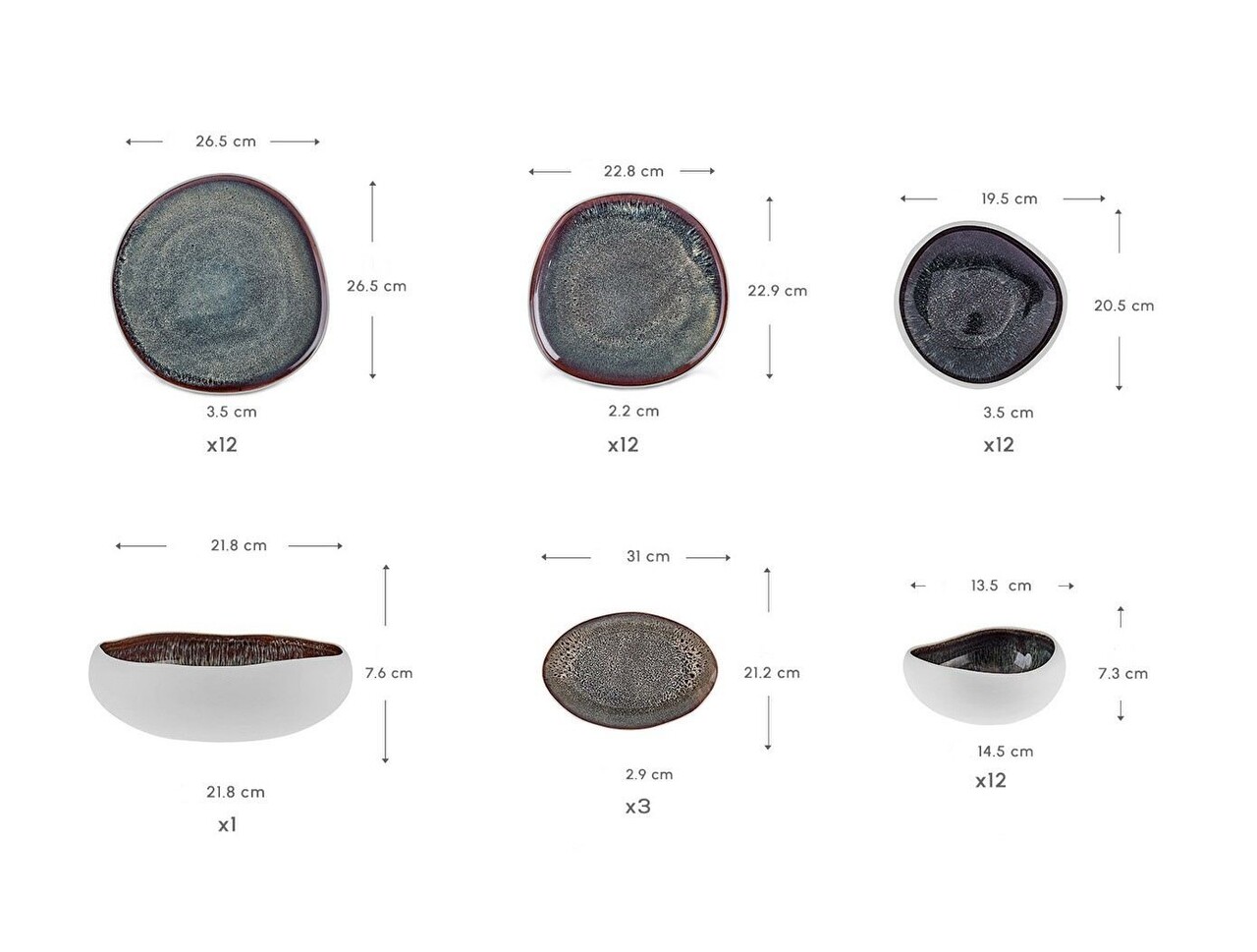 Serviciu de masa (55 piese), L'essentiel Maison, 216KRC1273, Farfurie: 20,5 x 19,5 x 3,5 cm (12 bucăți), Alb/Negru - view 8