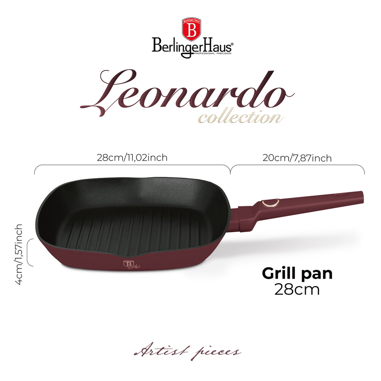 Tigaie grill Berlinger Haus, Leonardo, 28 cm, 2.1 L, aluminiu forjat, visiniu mat - imagine 7